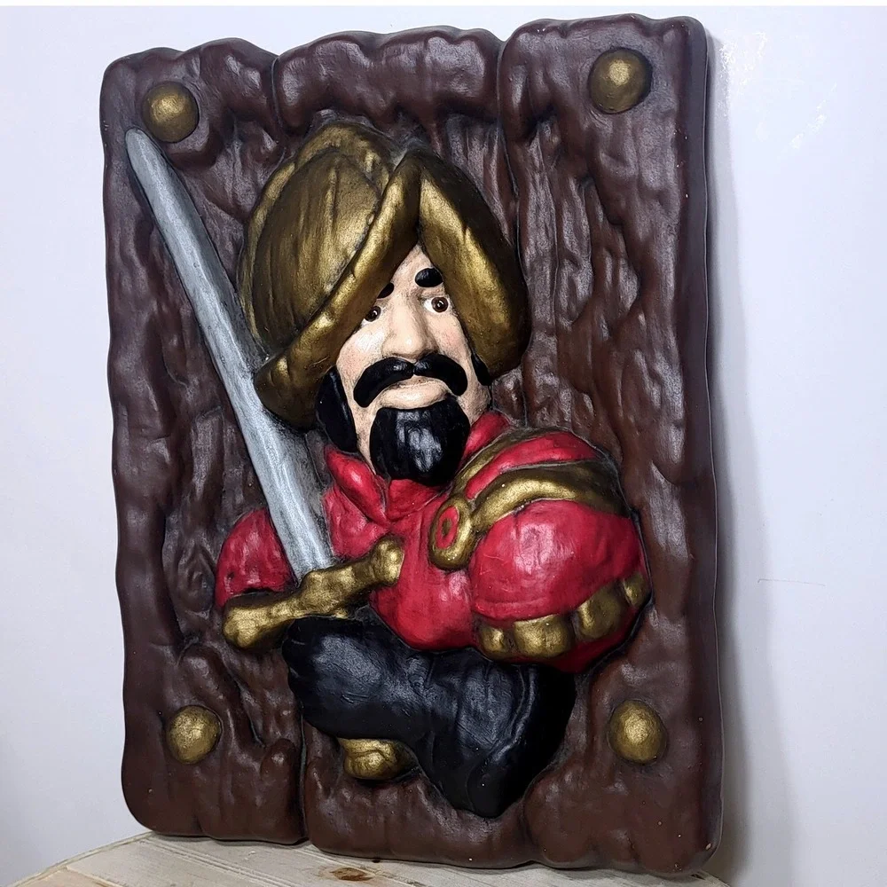 Vintage Spanish Conquistador Wall Art Plaque Set 3D Relief Red Blue Gold 14x10